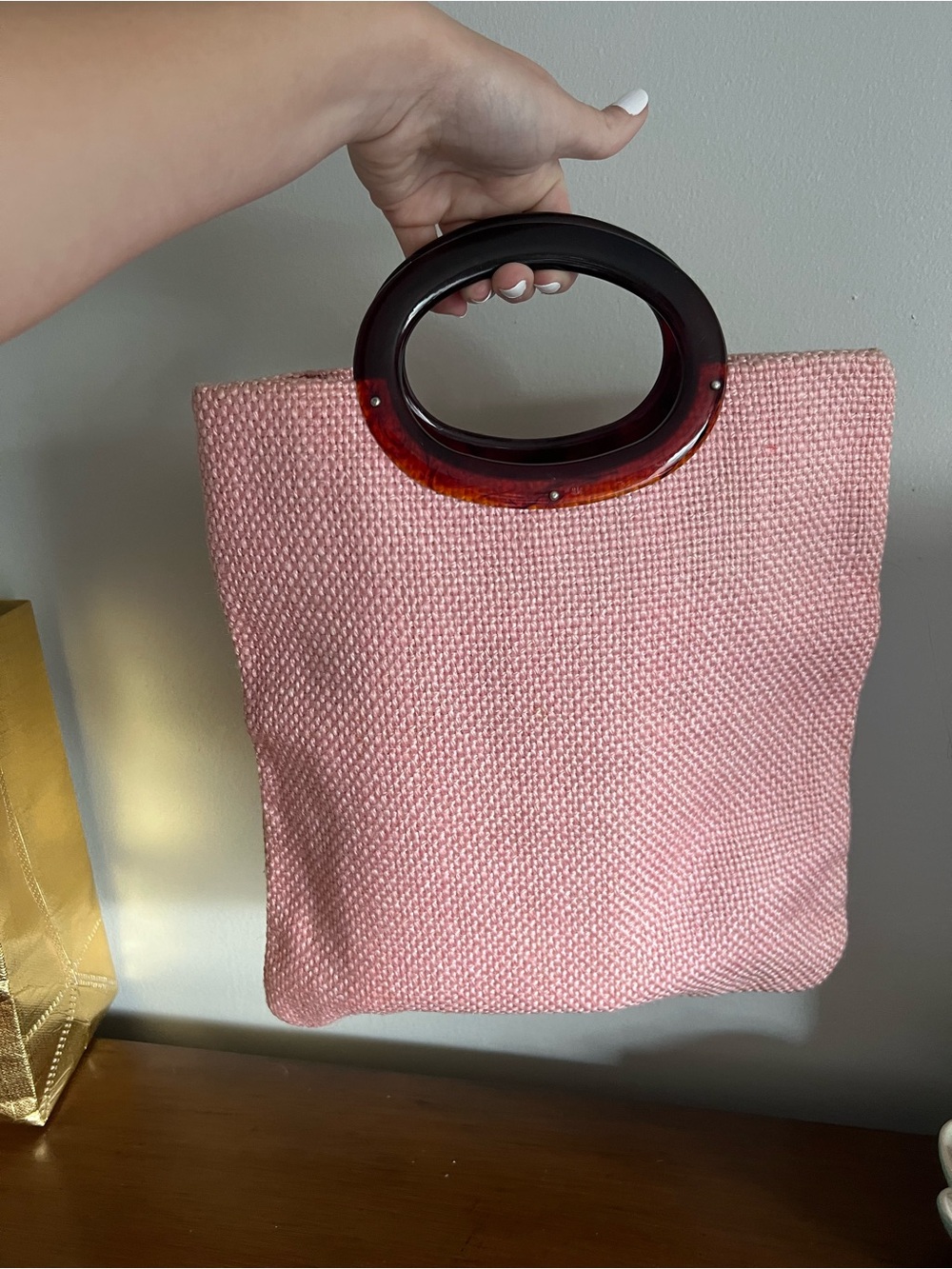 Vintage Pink Woven Tote Bag with Oval Handle